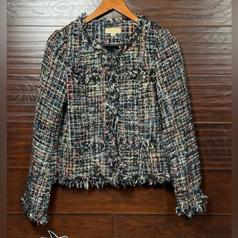 PROMESA Women's Size Small Need for Tweed Chic Frayed Multicolor Shimmer Jacket